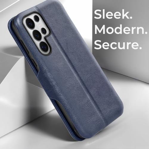 Image of PULOKA Premium Vegan Leather Phone Cover with Card Slot - Compatible with Samsung Galaxy S25 Ultra - Sleek Flip Case, Slim, Durable, Privacy Protection, Kickstand Function (Blue)