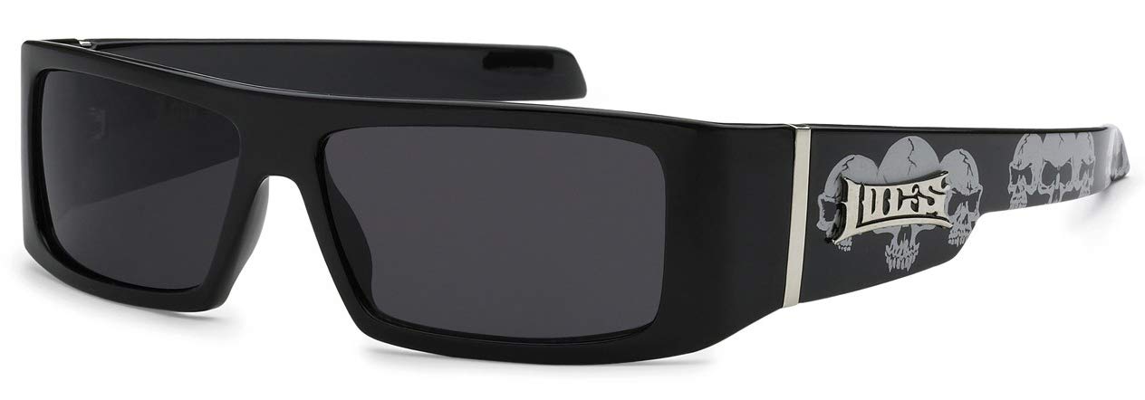 Locs Black SKULL Sunglasses | Rectangular Biker Shades - Wrap Around, UV Protected
