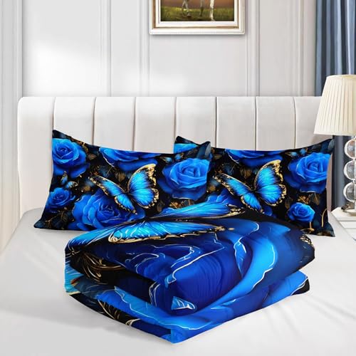 Image of AILONEN Blue Roses Comforter Set Queen Size,Butterfly Flower Bedding Set 3Pcs,Bedroom Decor for Girls Women,Luxury Rose Floral Quilt with 2 Pillowcases