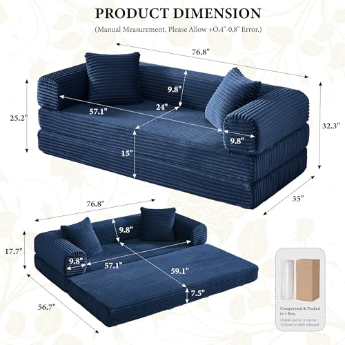Image of Boneless Couch Futon Sofa Bed Sectional Couches for Living Room,Cloud Couch with Sleeper Sofa,Sofas for Living Room Oversized Corduroy Upholstered (Blue, 76 Inches (No Iron Frame))