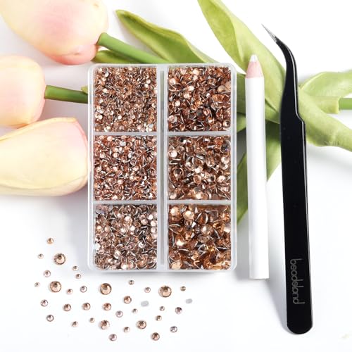 Image of Beadsland 4300pcs Flatback Rhinestones, Champagne Rhinestone Nail Gems Round Crystal Rhinestones for Crafts,Mixed 6 Sizes with Picking Tweezers and Wax Pencil Kit, SS6-SS20, Light Peach
