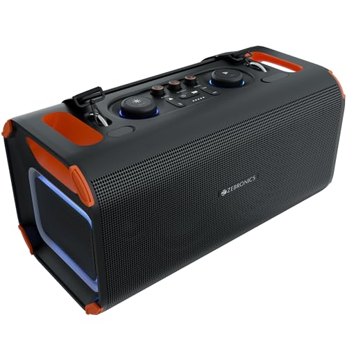 Image of Zebronics Party Speaker, 150W, AURACAST Technology, Upto 5 Hours Playtime, 4 Drivers, BT v5.4, Wireless Mic, Mic & Guitar in, RGB, Mobile Holder, Splash Proof, AUX, USB, App Support (Prima Pro)