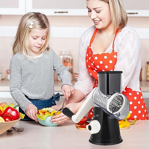 Foto von Diealles Shine Käsereibe mit Kurbel, Reibe für Gemüse mit 3 Edelstahl Austauschbaren Trommelklingen, Ideal für Gurken, Käse und Nüsse, Karotten usw (Schwarz, Reiben-Set)