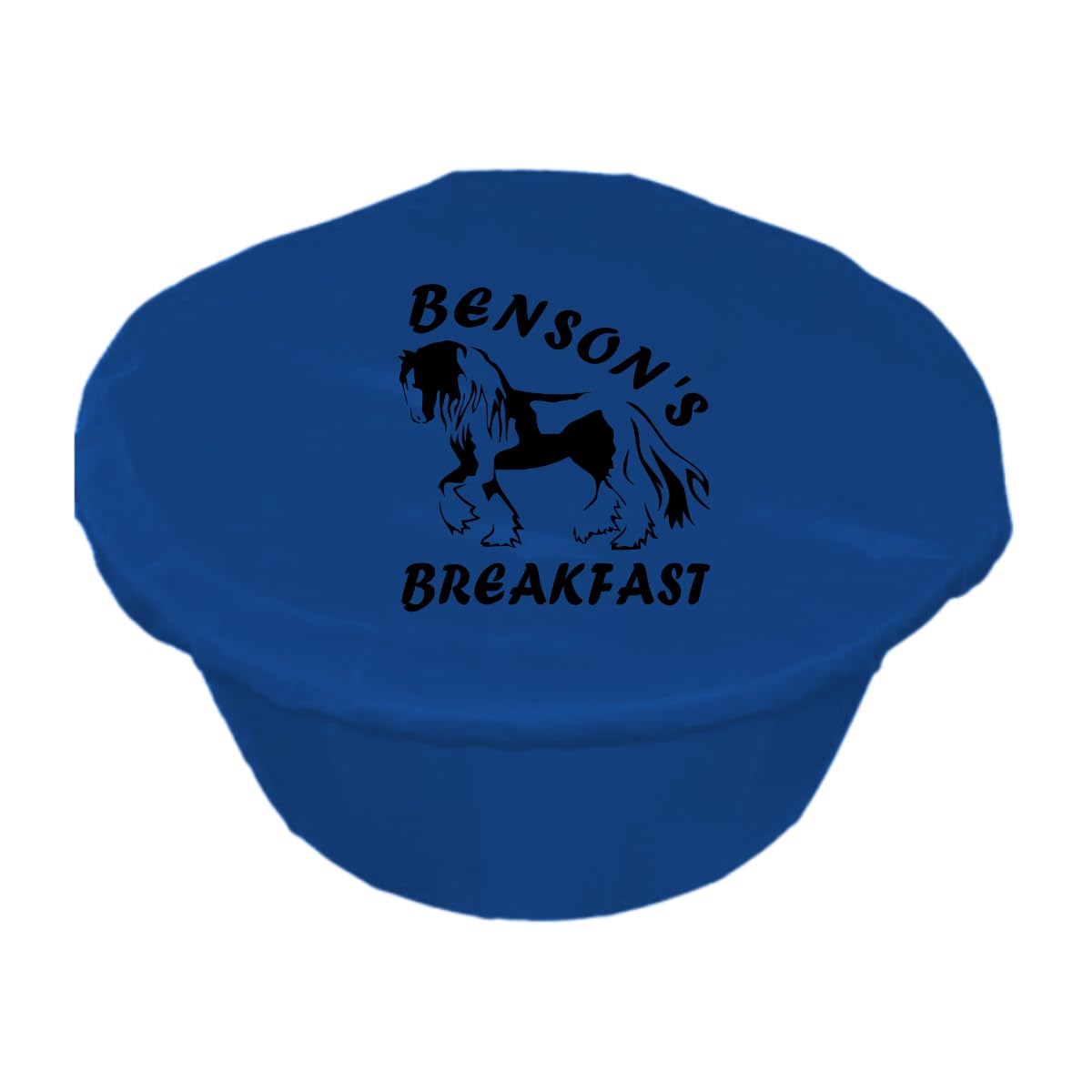 Personalised Horse Design Feed Bucket Cover, Multiple Colours Available, Morning and Teatime Feed Design or Custom Text, Gypsy Cob (Black Vinyl, Royal Blue) — image 1