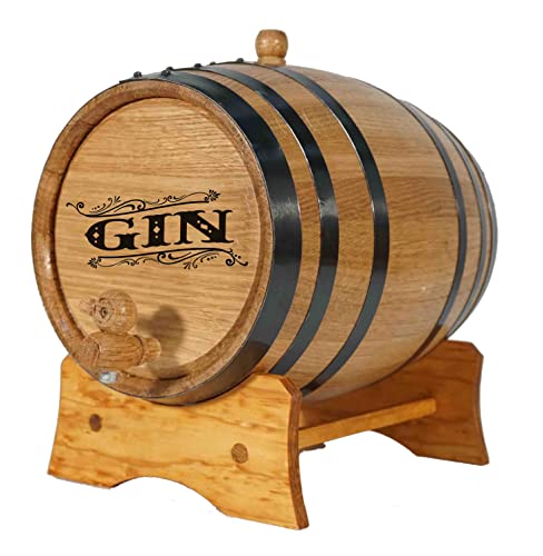 5 Liter American Oak Whiskey Aging Barrel (1 gallon) with Stand, Bung and Spigot | Age Cocktails, Bourbon, Rum, Tequila, Beer & Wine | Laser Engraved Whiskey Barrel GIN B524 Design