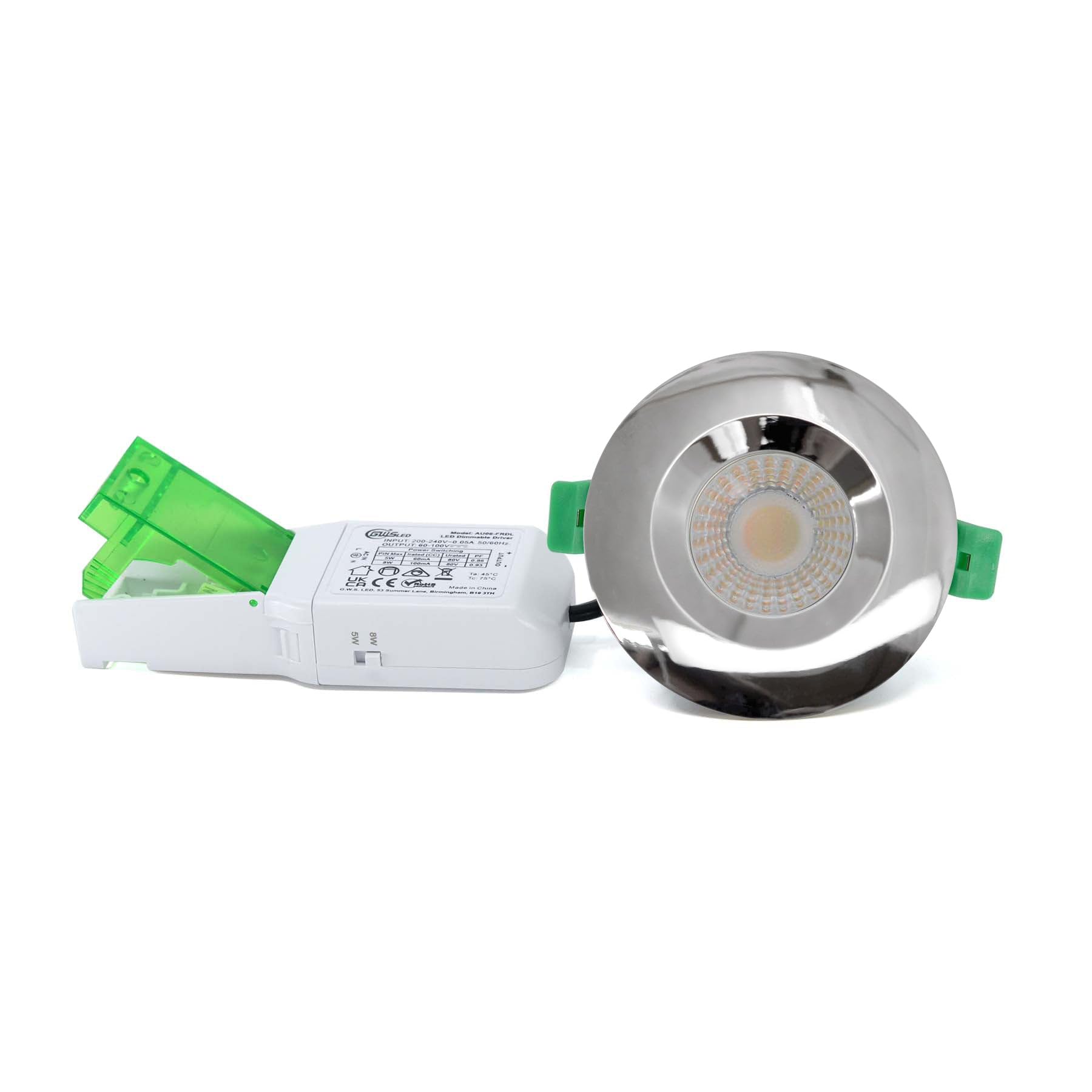 G.W.S® Fire Rated LED Downlight, Polished Chrome Bezel, 4CCT, Dual Wattage 5W/8W, Dimmable, IP65, 30, 60 & 90 Minutes Fire Safe, Pack of 4