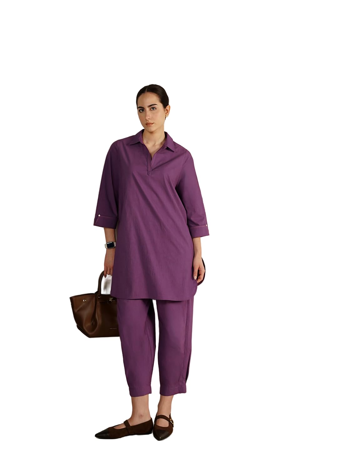 women co-ord set casual | straight fit shirt collar three-quarter sleeve solid tunic top & ankle length pants | cotton pull-on work to weekend wear | lavender