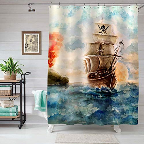 MitoVilla Nautical Sailboat Bathroom Decorations, Watercolor Caribbean Pirate Ship Cruises in Treasure Adventure