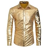 Gionforsy Mens Sequins Long Sleeve Shirt Metallic 70s Shirt Shiny Button-Down Shirts for 70s Disco Party Hip Hop (Large, Gold)
