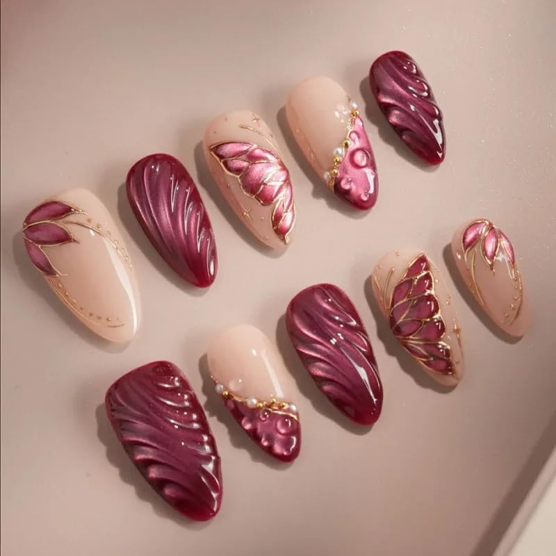 MouyouGlow Press on Nails Kurz,Almond Wein Rot French 3D Schmetterling Bubble Pearl Wavy Design Cat Eye Magnetic Mandel Short Y2K Fake Nails,Red Butterfly Frühling Herbst INS Künstliche Fingernägel