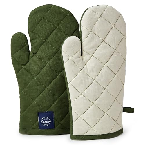 Encasa Heat Resistant Cotton Oven Gloves Mitts (2 Pc Set) - Quilted & Safe 12x7 in - for Kitchen, Cooking & Baking, Grilling, Handling Hot Pots & Pans - Leaf Green