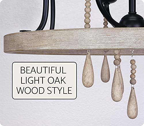 Kira Home Sasha 23" 3-Light Farmhouse Pendant Chandelier + Hanging Wood Accents, Light Oak Wood Finish + Black Finish - Image 3