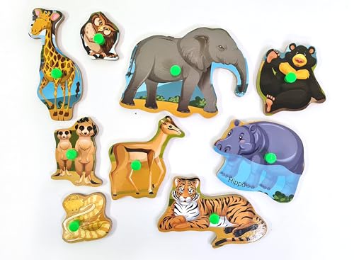 Image of Bumbee Wooden Puzzle Board for Kids | Puzzle Pieces with Knobs for Easy Grip | Montessori Learning Toys for Toddlers 2+ Years | Educational Preschool Puzzle Gift for Kids (Wild Animals Puzzle)