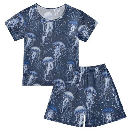 ALAZA Jellyfish Blue Pajama Set Short Sleeve Sleepwear Soft Lounge Nightwear