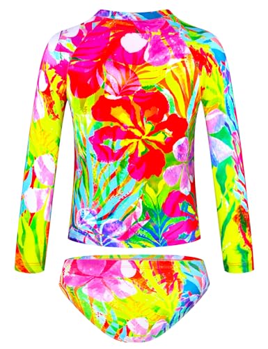 Image of TENVDA Girls Swimsuit Long Sleeve Rash Guard Sets UPF 50+ Two Piece Bathing Suits Size 3-12 Years