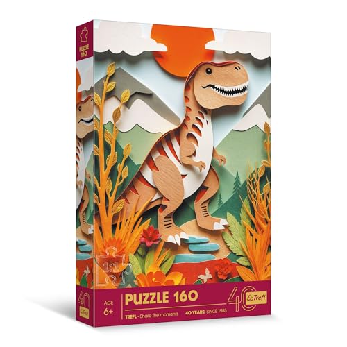 Trefl - Puzzle Effet 3D, Dinosaure - 160 éléments - 40e Anniversaire Trefl, Puzzle Coloré avec des Animaux, pour Les Enfants à partir de 6 Ans