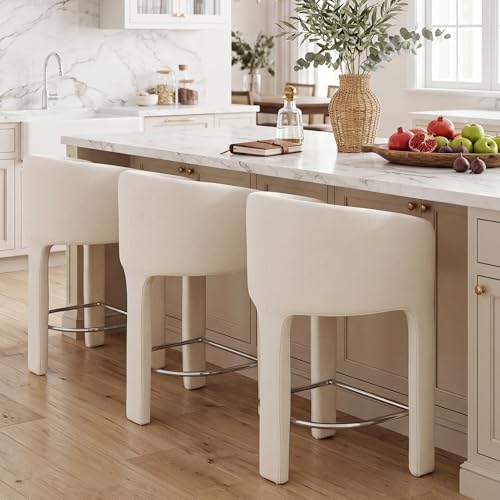 Image of HNY Modern Barrel Bar Stools Set of 3, 26 Inch Upholstered Velvet Counter Height Barstools with Back and Armrests, for Kitchen Island, Home Bar, Dining Room, No Assembly, Cream