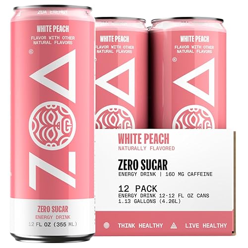 ZOA Zero Sugar Energy Drink, White Peach, 12 Pack, 12 Fl Oz Cans