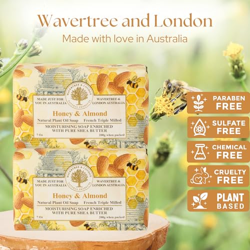 Image of Wavertree & London Honey Almond Scented Natural Soap (2 Bars), 7oz Moisturizing French Triple Milled Soap Bars enriched with shea butter - Pure Plant Based Bath & Body Bars for All Skin Types