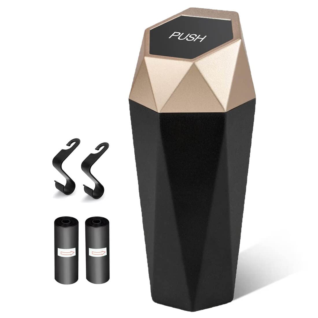 QTEEY Car Trash Can,New Car Dustbin Diamond Design,Leakproof Vehicle Trash Bin,Mini Garbage Bin Easy to Clean,Used in Car Home Office(1 Pack,Gold)