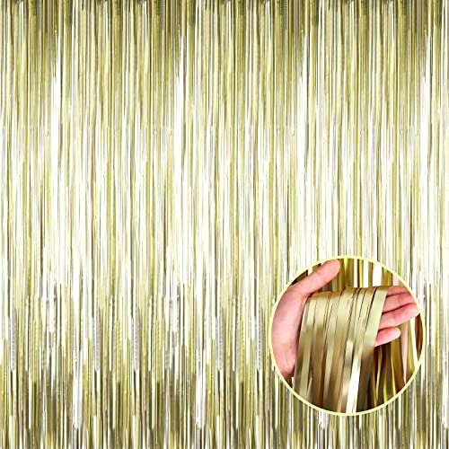 Image of 4 Pack Light Gold Foil Fringe Curtain Backdrop, 3.28Ft x 8.2Ft Metallic Tinsel Foil Fringe Streamer Curtains for Party, Photo Booth Props, Birthday, 2022 Graduation Party Supplies
