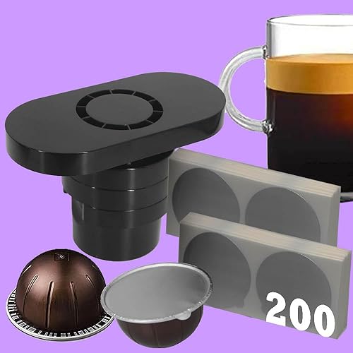 Kit de herramientas reutilizables Vertuo Pods + 200 calcomanías de papel de aluminio, compatible con cápsulas reutilizables Nespresso Vertuo,