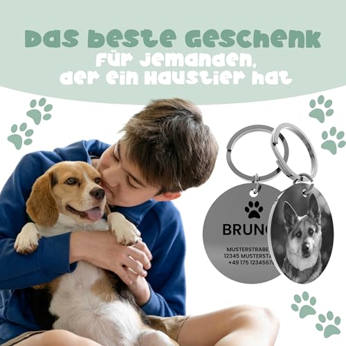 Meinearmbänder Personalisierte Hundemarke mit Foto – ⌀30mm Runder Hundeanhänger aus Edelstahl in Silber – Mit Gravur/Text oder Adresse auf der Rückseite – Robuster ID-Tag für Hunde