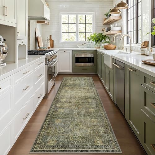 GENIMO 2x5 Non Slip Hallway Runner Rug, Machine Washable, Thin & Low Pile Lightweight for Kitchen, Laundry, Entryway, Bedroom & Living Room, Vetiver-Green