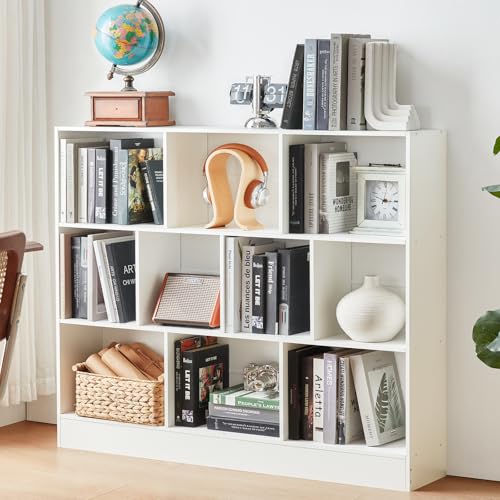 YAHARBO White 10 Cube Bookshelf,3 Tier Modern Horizontal Bookcase,Wooden Low