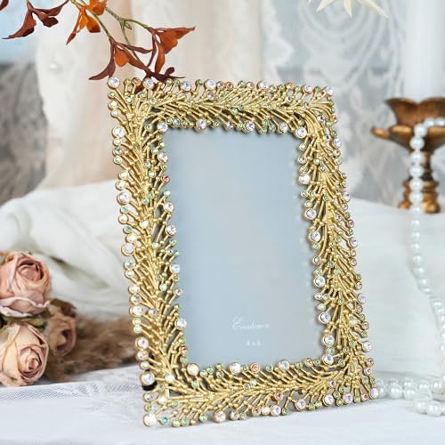 ZIYOO Tabletop Decorative Vintage Gold Rectangular 4x6 Inch Picture Frame with Opalescent Gem Accents – Ornate Baroque-Style Decorative Frame for Tabletop Display or Gift