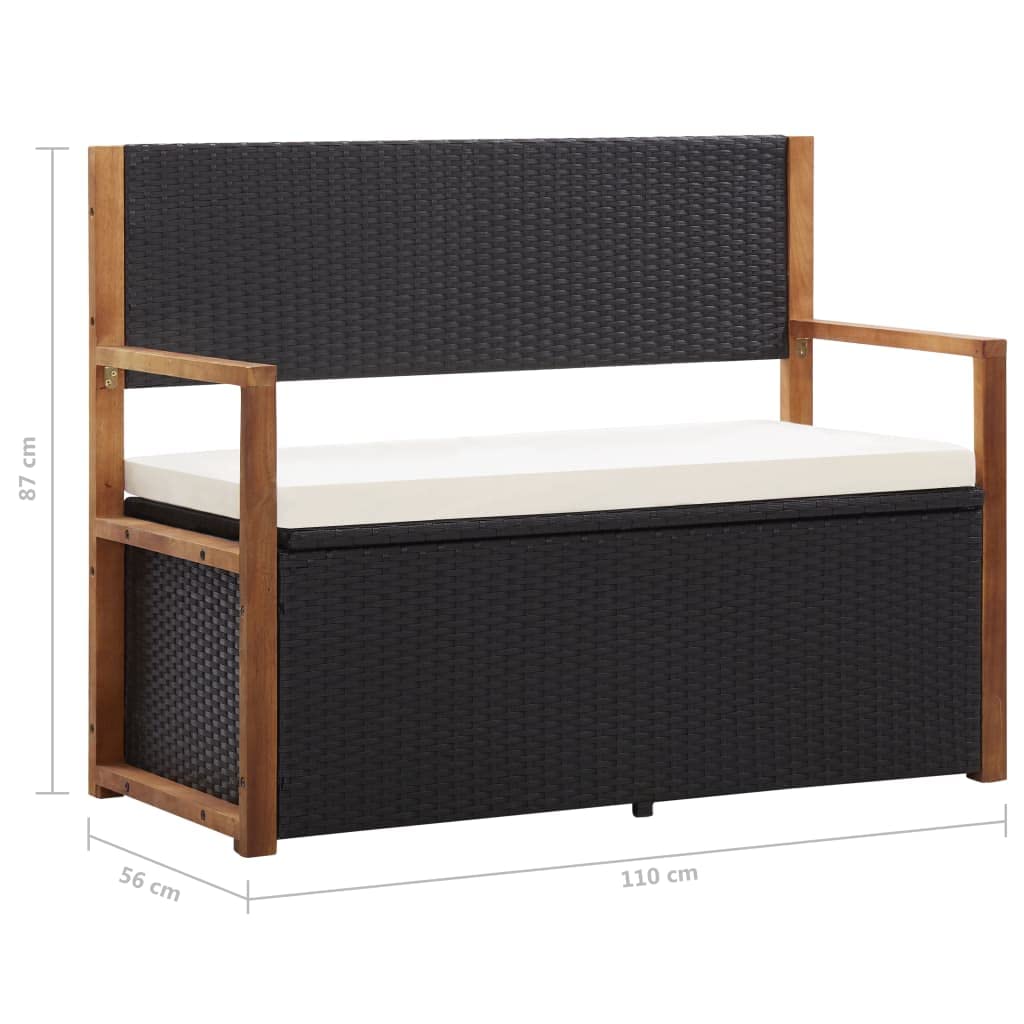 Hommdiy Akazienholz Massiv Bank mit Stauraum Sitzbank Gartenbank Gartentruhe Truhenbank Kissentruhe Kissenbox Auflagenbox 110cm Poly Rattan Schwarz/Grau (Schwarz)