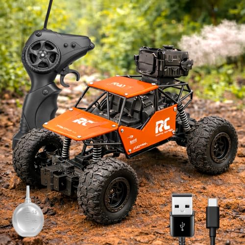 Image of VGRASSP Remote Control Rock Crawler Monster Truck Toy for Kids with Mist Spray - Rechargeable Off-Road All Terrain RC Smoke Car with Spring Shockers - Color As Per Stock
