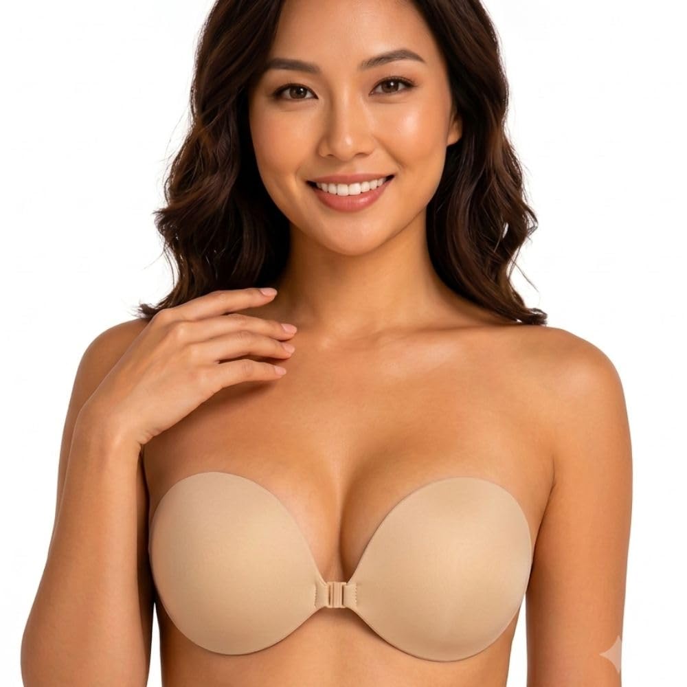 Invisible Adhesive Strapless Push Up Bra for Women | Reusable Stick On Silicone Bra | Backless & Backless Dress Bra | Skin Friendly | Nude Beige | Size B-picture-26