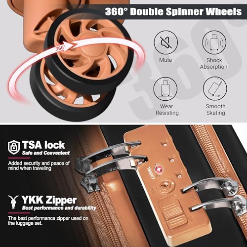 SmileLine 3-Piece Luggage Set Lightweight Hardside Suitcase TSA Lock Spinner Wheels, 20" Expandable Carry-On Luggage with Quick Access Front Open Pocket, Bonus Makeup Bag,Apricot Black4