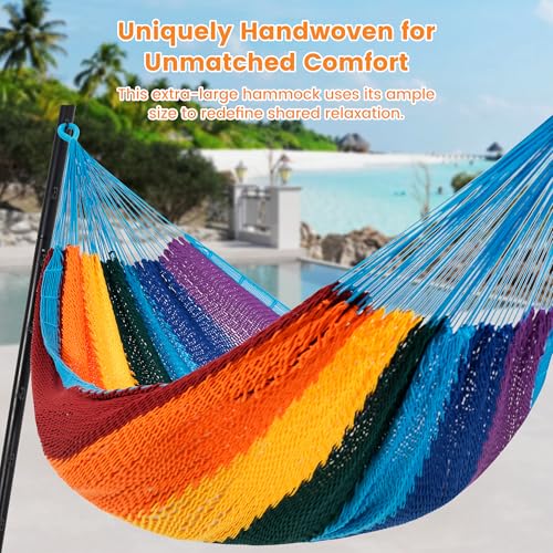 Image of Lazy Daze Hammocks Handwoven XL Mayan Hammock, 10.5 FT Soft Rope Double Hammocks, Portable Outdoor Hammock with Carry Bag, 2 Straps & Carabiners for Patio Outside, 550 lbs Weight Capacity, Rainbow