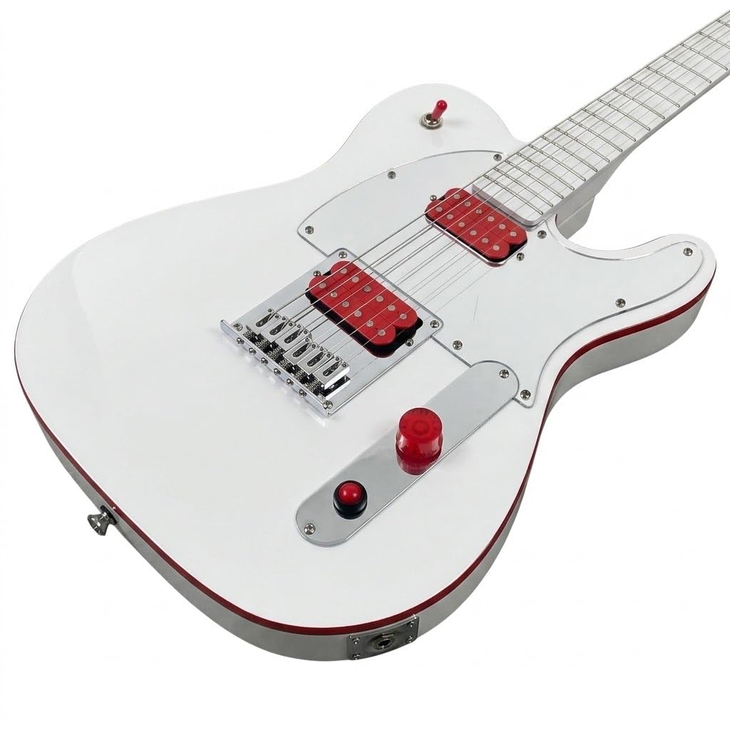 Chitarra elettrica a corpo solido, bianca personalizzata con battipenna cromato e humbucker rossi, dimensioni standard a 6 corde for palcoscenici rock (Guitarra Electrica)