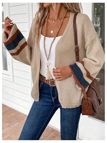 SOLY HUX Women's Open Front Knit Cardigan Sweater Striped Trim Long Sleeve Loose Outerwear Fall Clothes4