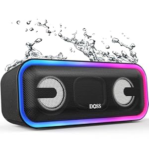 DOSS Bluetooth Lautsprecher, SoundBox Pro+ Musikbox Bluetooth mit Wasserdicht IPX6, 24W Dualen Bass-Treibern, Stereo-Pairing, 15H Akku, LED-Licht, Bluetooth Box für Draußen – Schwarz