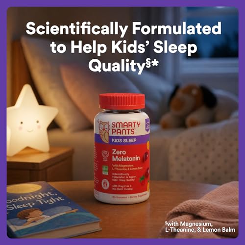 Image of SmartyPants Kids Sleep Zero Melatonin Gummies with L-Theanine, Lemon Balm & Magnesium, Gluten Free, Clean Label, Drug Free Sleep Aid, Strawberry Flavor, 60 Gummies (30 Day Supply)
