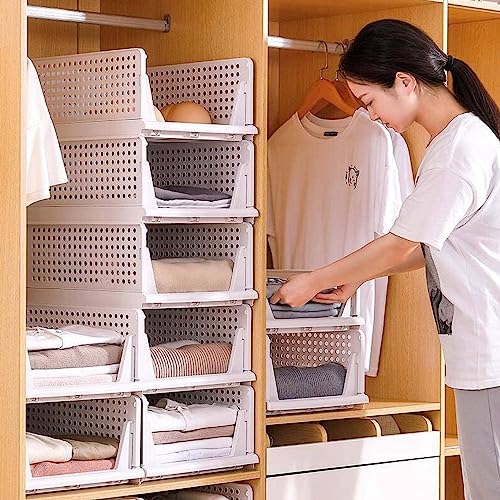 Image of BIRDWING 6 Pcs Cloth Rack For Wardrobe Organizer For Clothes, Plastic Cupboard Organizer For Clothes, Stackable Storage Box Almirah For Clothes - White, Large (Set Of 6)