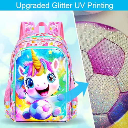Image of 3Pcs Unicorn Backpack for Girls, 16 inch Soccer School Backpacks Set for Elementary Preschool Kindergarten, Kids Bookbag with Lunch Box(Pink)