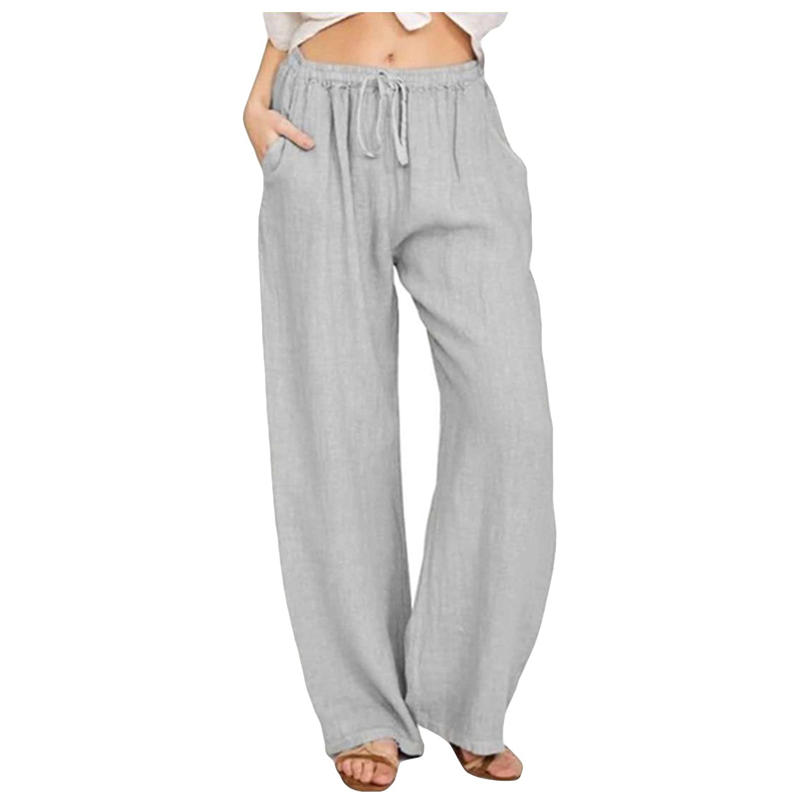 Eaktool Loose Slacks, Women's Casual Solid Cotton Linen Elastic Waist Drawstring Wide Leg Long Pants, Ladies Plus Size