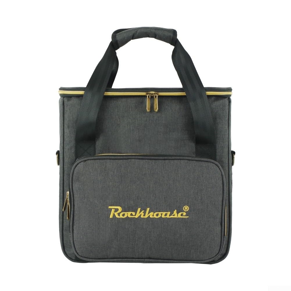 Bolsa de almacenamiento de discos de vinilo, diseño resistente portátil con transporte de mano y correa para el hombro, funda de tela catiónica gris con acolchado de 8 mm, bolsillo externo para