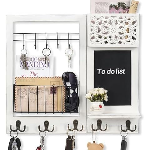 Dhmkfly Key Holder Wall Mount, Mail Organizer with 10 Hooks and Shelf, Wall Decorative Key Rack with Chalkboard for Entryway Hallway Bedroom Farmhouse Dog Leash Home Decor Cover