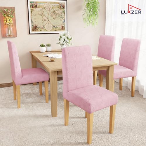 Image of Lukzer Elastic Dining Chair Cover - 4PC Pastel Pink Starlight | Textured High Stretch Jacquard Seat Cover | Removable Washable Short Dining Chair Cover Protector Seat Slipcover | (CC-144-04)