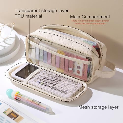 Image of EASTHILL Large Capacity Pencil Case Cute Pencil Pouch with Handle Stationery Pen Bag for Teen Girls-Cream