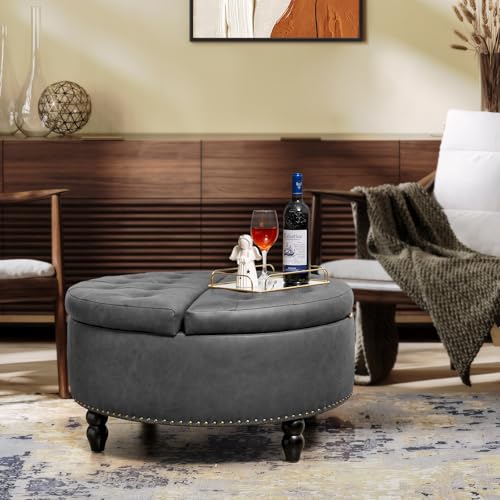 Vabches 30 Inch Round Storage Ottoman,Modern Button Tufted Coffee Table with Lift Top, Large Round Leather Ottoman Upholstered Footrest Stool Toy Blanket Storage for Living Room, Gray