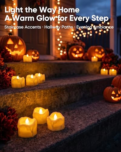 Image of Homemory 24Pcs Dripping Flameless LED Tea Lights, 1.58 inch x 1.2 inch Battery Operated Flickering Fake Candles, 200+ Hours Electric Votive Tealights for Wedding, Halloween, Christmas Centerpieces, Ivory Body