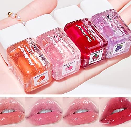 4 Pcs Fruit Pearlescent Plumping Lip Oil,Lip Care Hydrating Lip Gloss Tinted Lip Balm,Lip CarePearl & Shimmer Mini Lip Gloss Kit