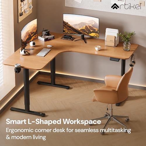 Image of ARTIKEL Elle L-Shaped Electric Height Adjustable Executive Desk for Office & Home | Ergonomic Sit-Stand Desk with Cup Holder & Headphone Hooks | 100 Kg Load Capacity (160 x 140 x 60 cm)